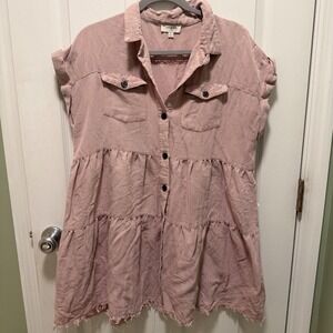 UMGEE USA Pink Tiered‎ Button Front Shirt Dress Frayed Hem Size L